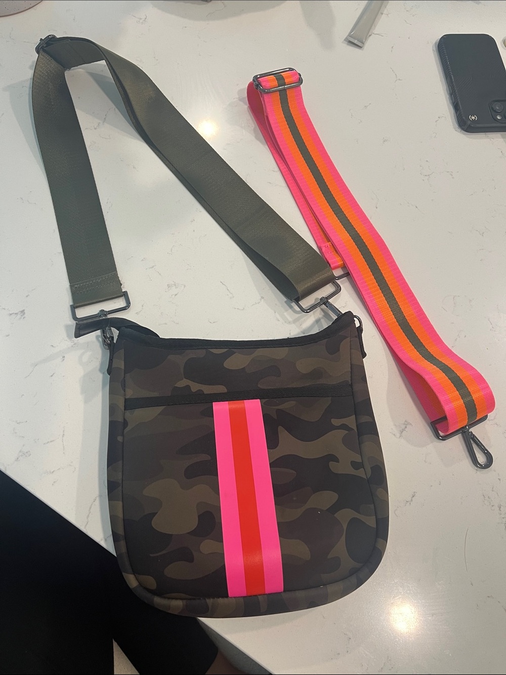 HAUTE SHORE Camo Crossbody with Neon Pink & Orange Stripe - Neoprene Material